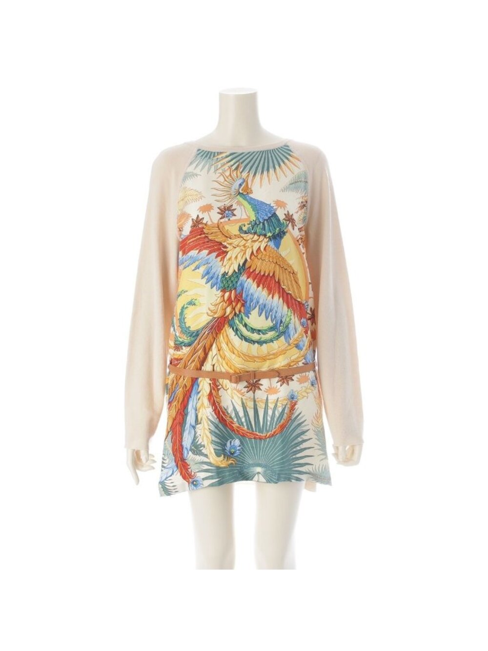 Hermes Mythiques Phoenix Wool Silk Twillaine Belted Knit Tunic Dress Beige